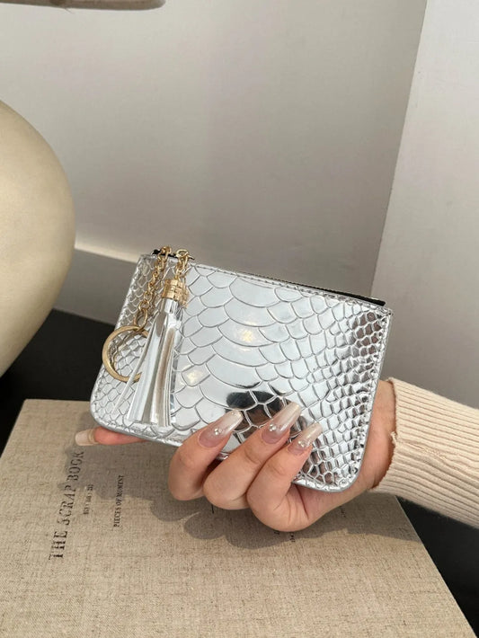 PU Leather Tassel Trim Card Case Silver One Size - Fashorio