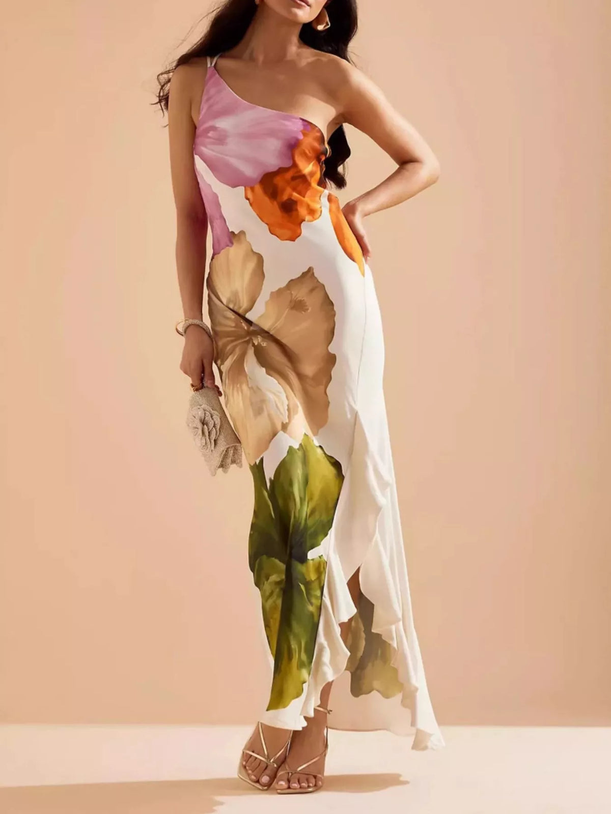 Floral one shoulder ruffle hem maxi dress back view