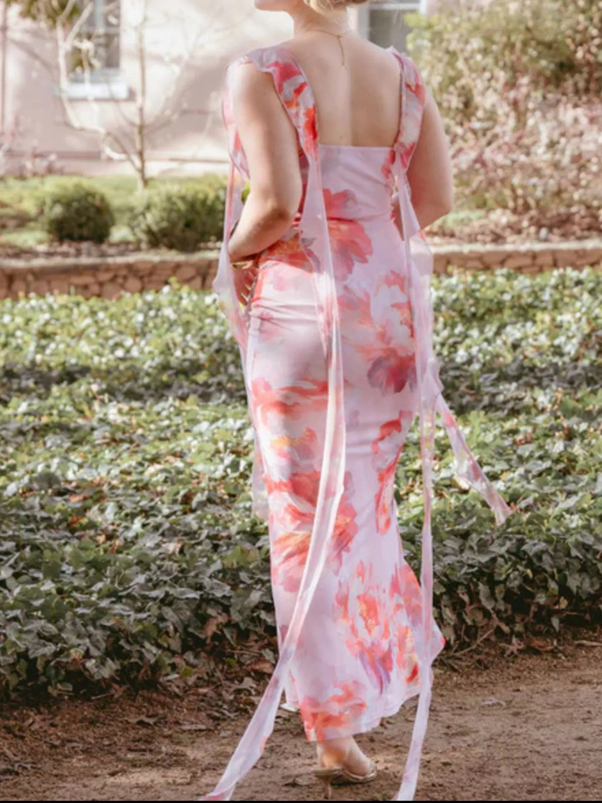 floral ruffle trim bodycon maxi dress three quarter view