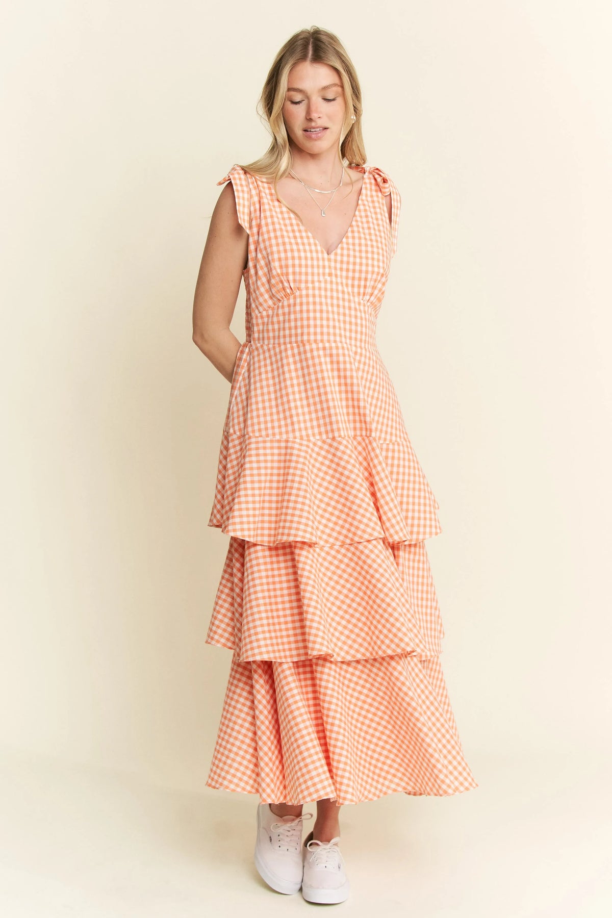 Sleeveless Gingham Print Tiered Midi Dress view 10