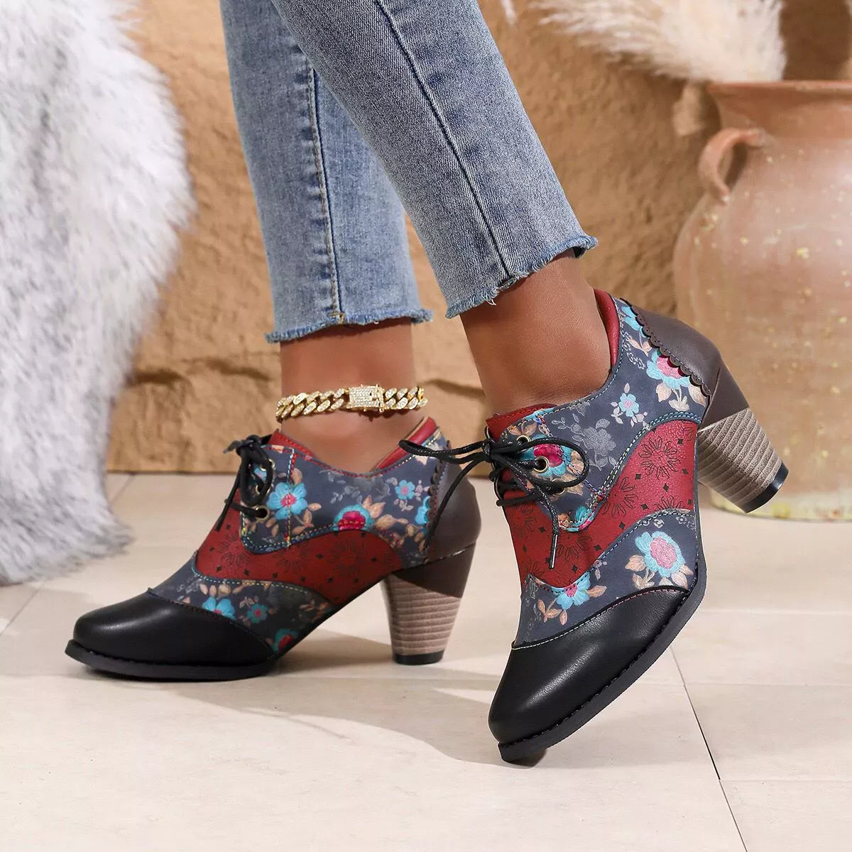 Lace up block heel ankle boots side profile