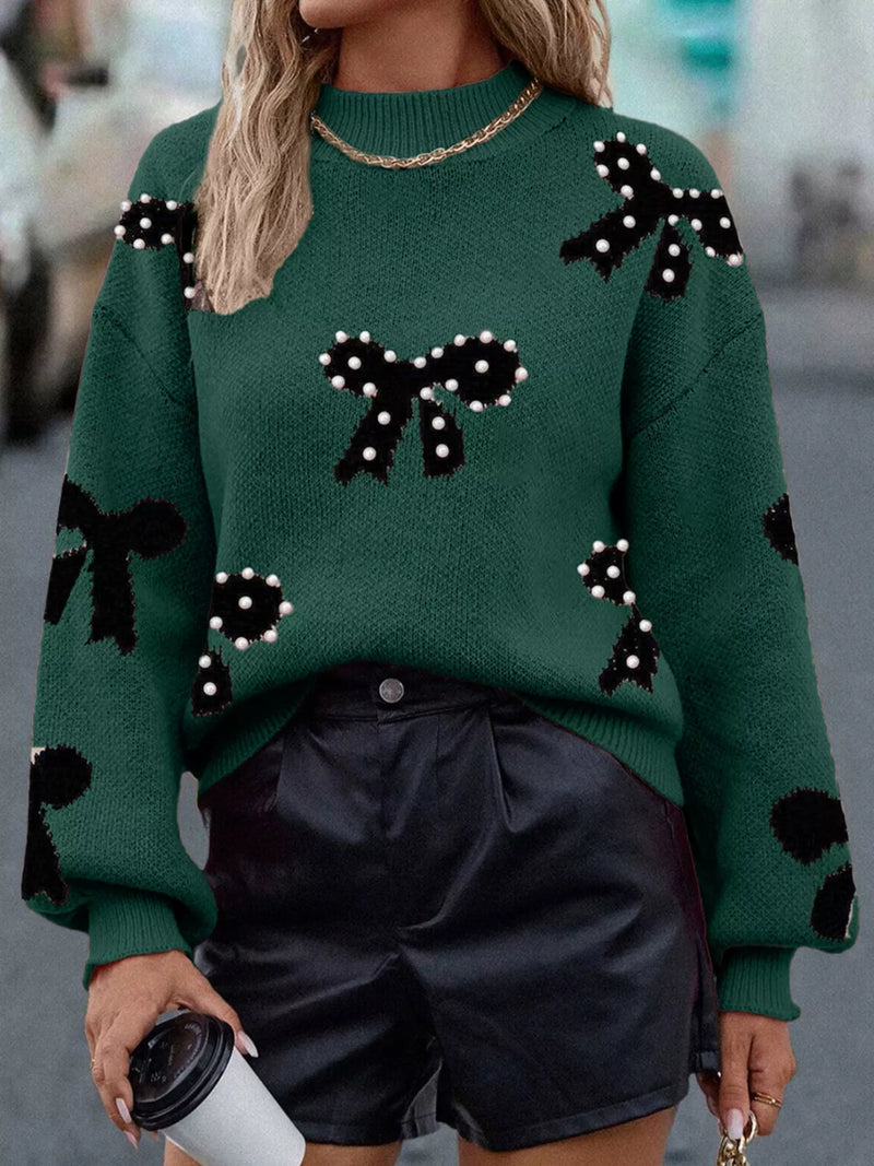 Dark green Pearl bow long sleeve sweater front view