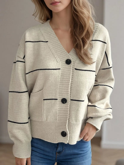 Striped Button Down V-Neck Long Sleeve Cardigan Beige One Size - Fashorio