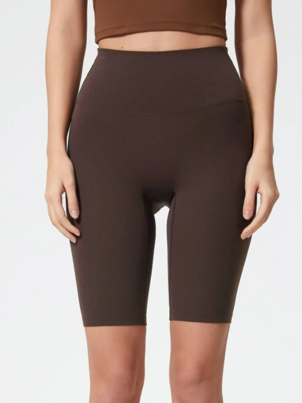 high rise wide waistband active shorts fabric and stitch detail