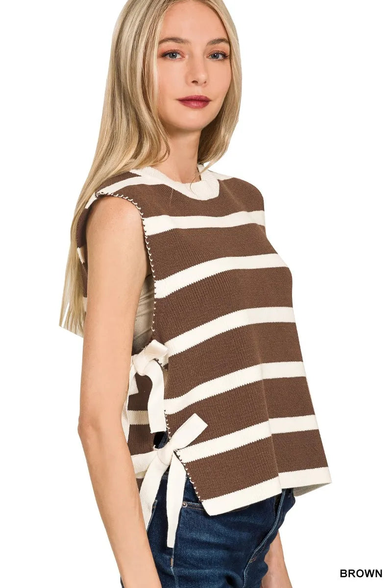 Zenana Side Tie Stripe Sweater Vest - Fashorio