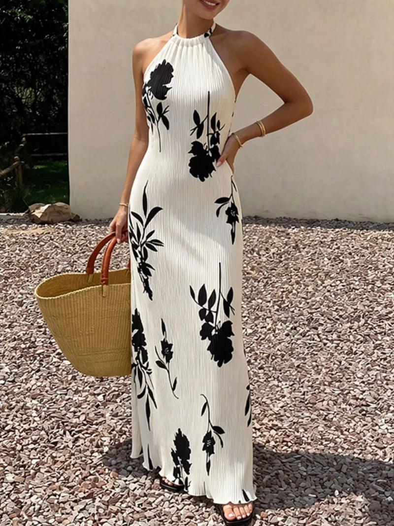 White floral print halter neck maxi dress front view