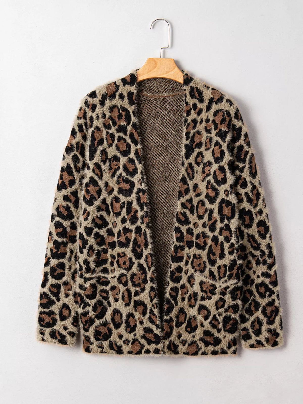 Leopard open front cardigan, neckline close up