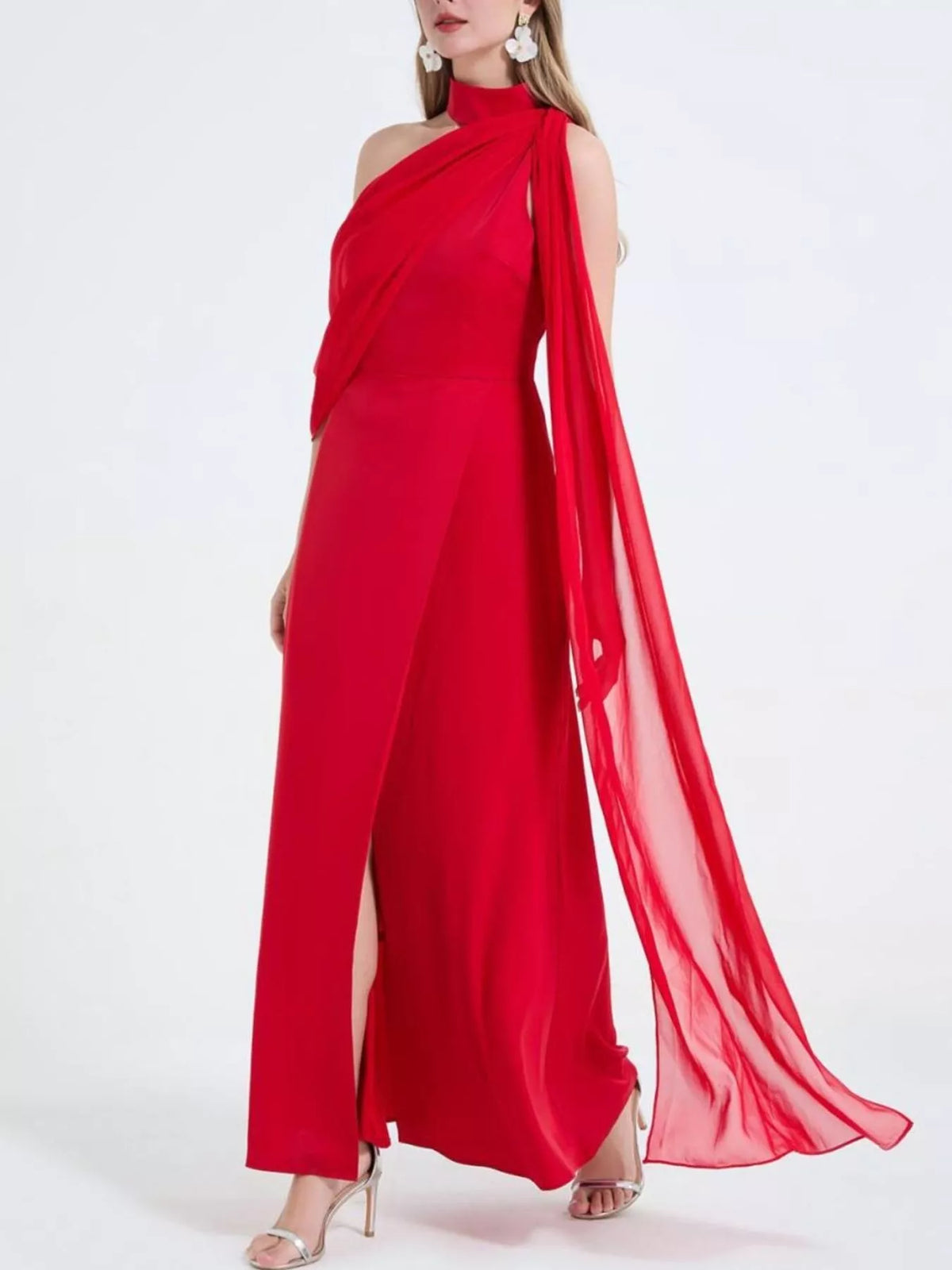 Asymmetrical one shoulder maxi dress side view