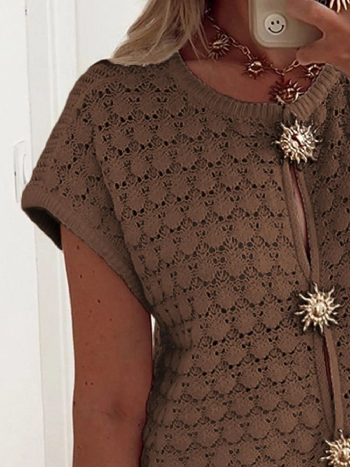 Crochet Short Sleeve Button Front Cardigan - Fashorio