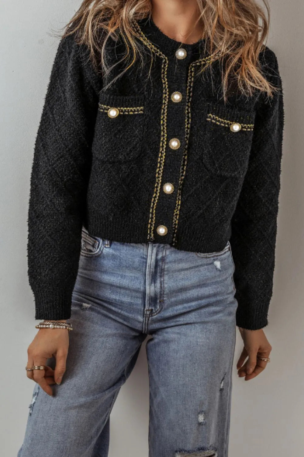 Round Neck Button Up Long Sleeve Cardigan - Fashorio