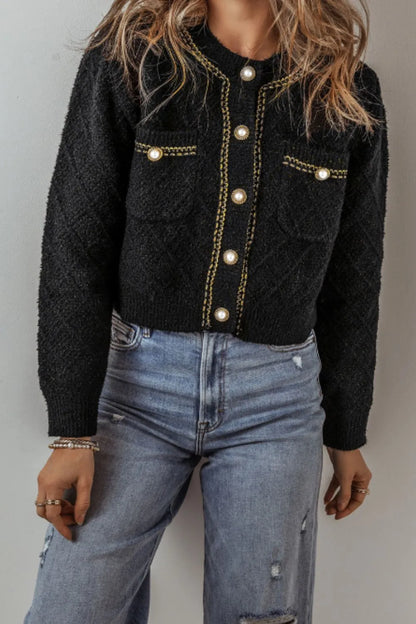 Round Neck Button Up Long Sleeve Cardigan - Fashorio