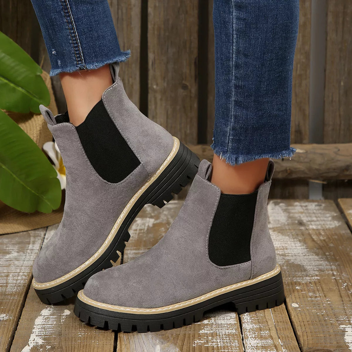 Suede round toe block heel boots toe detail
