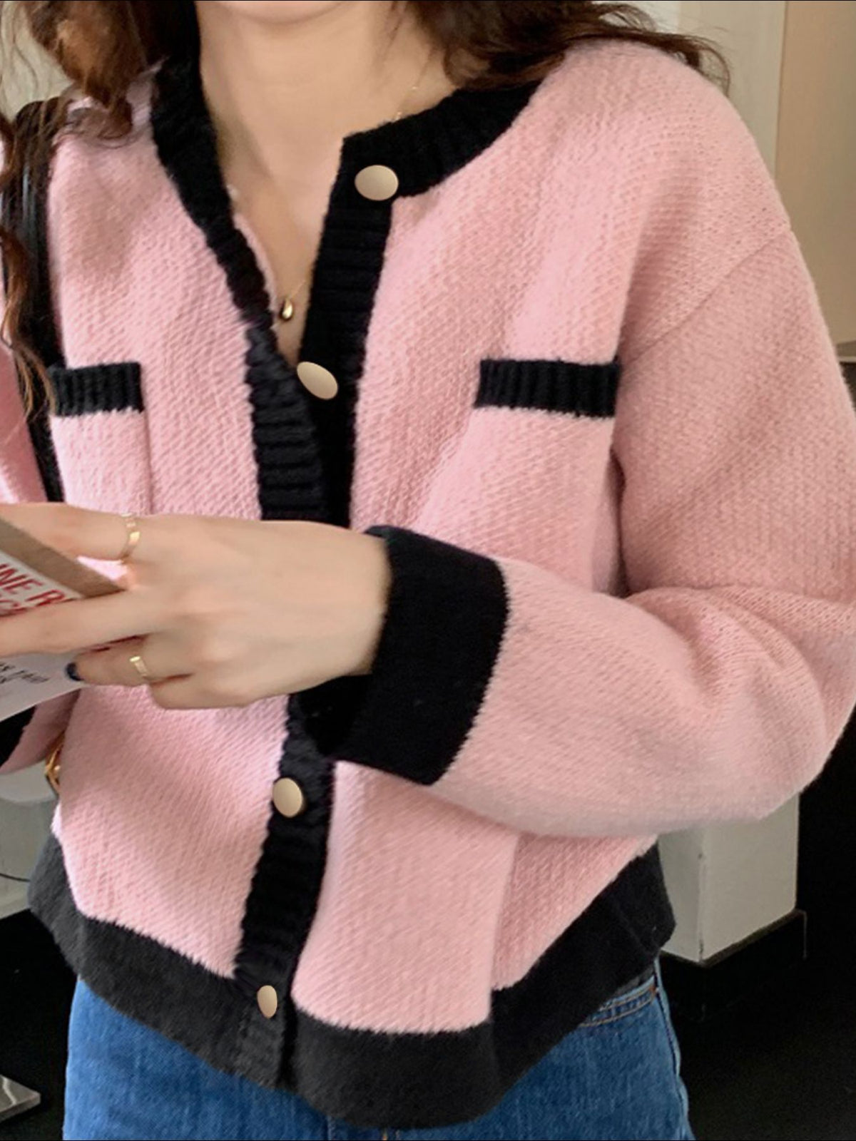 Contrast trim cardigan pink tone