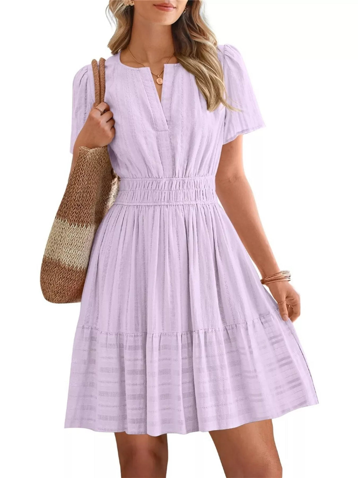Short sleeve smocked waist tiered midi dress detail view