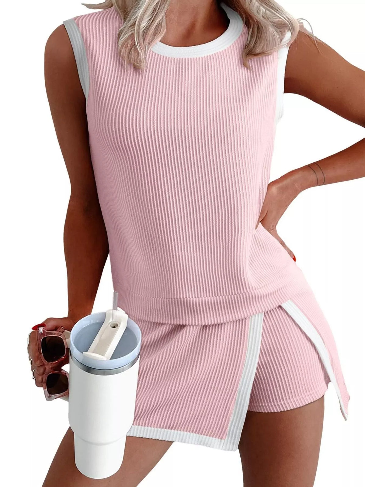 Ribbed knit set pink color styling