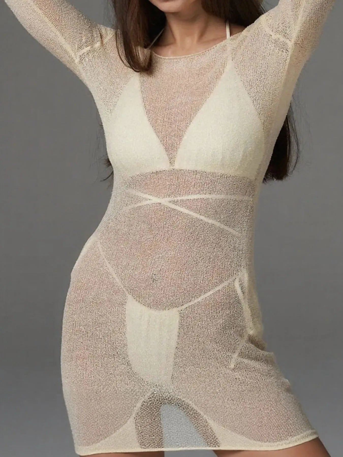 Sheer Backless Long Sleeve Mini Cover-Up Dress - Fashorio