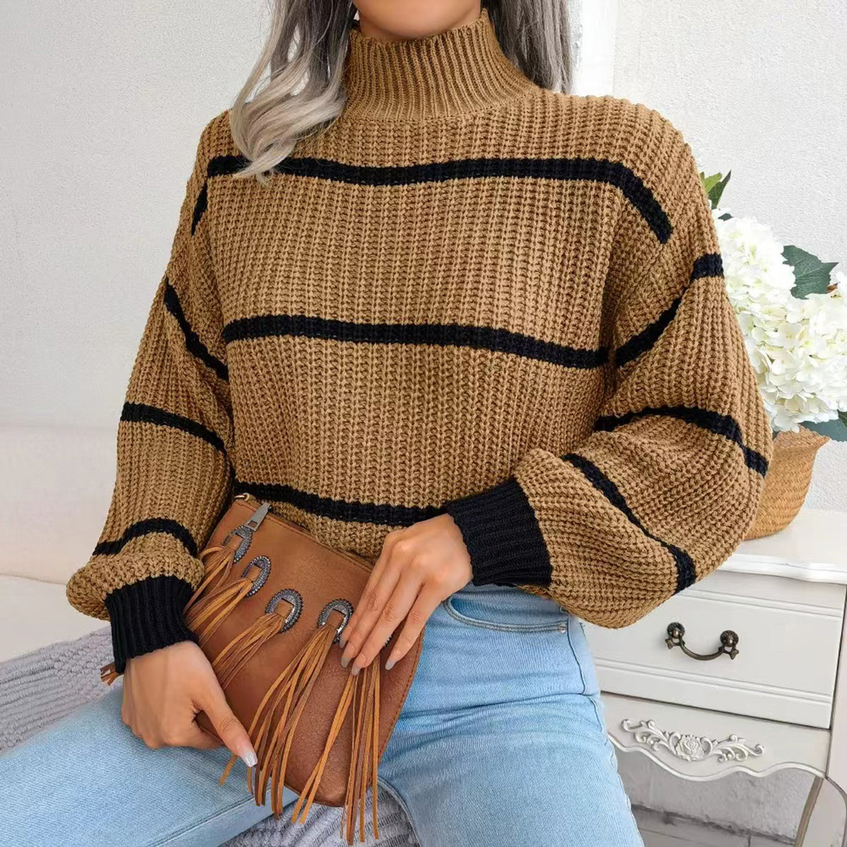 Striped Mock Neck Dropped Shoulder Sweater - Fashorio