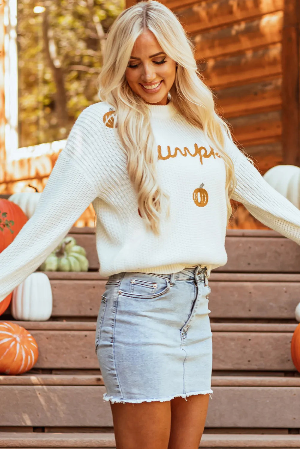 Pumpkin Embroidery Long Sleeve Sweater - Fashorio