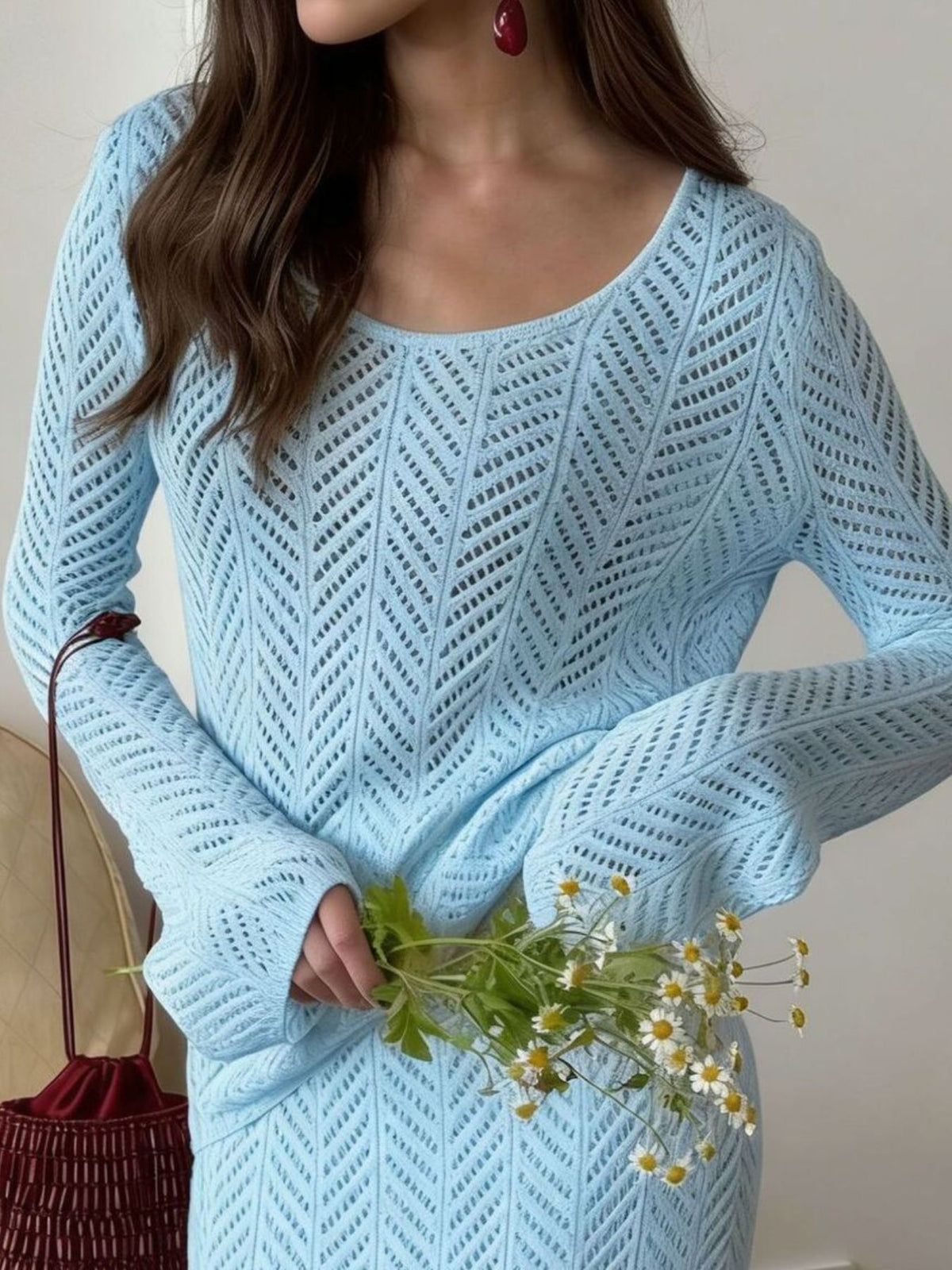 Openwork Long Sleeve Knit Top and Skirt Set, view 11