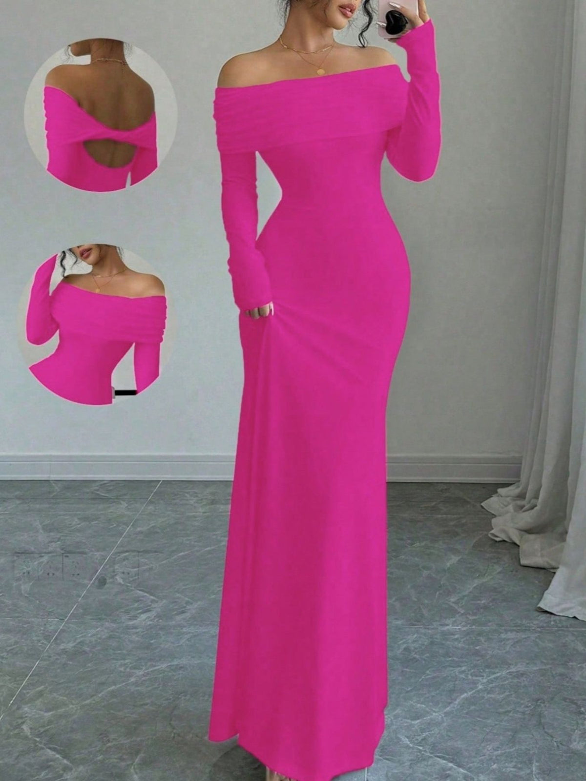 off shoulder long sleeve maxi dress hemline detail