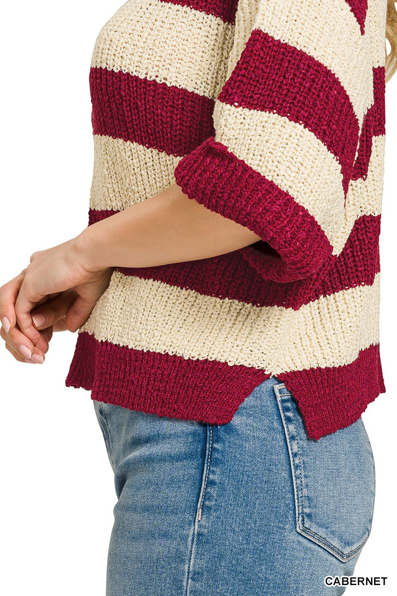 Split neck striped sweater side view