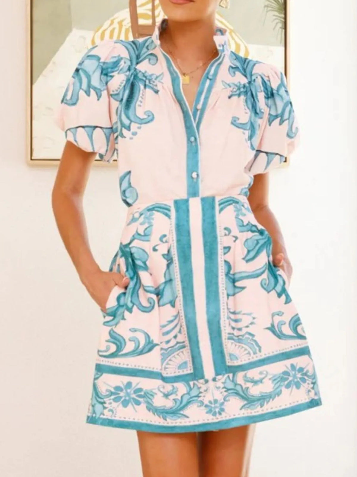 Printed Puff Sleeve Top and Skirt Set, view 8