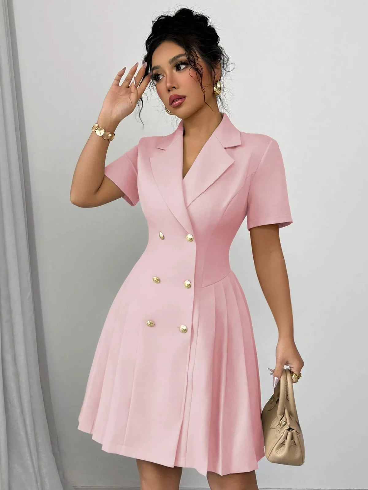 Double breasted pleated blazer dress back view