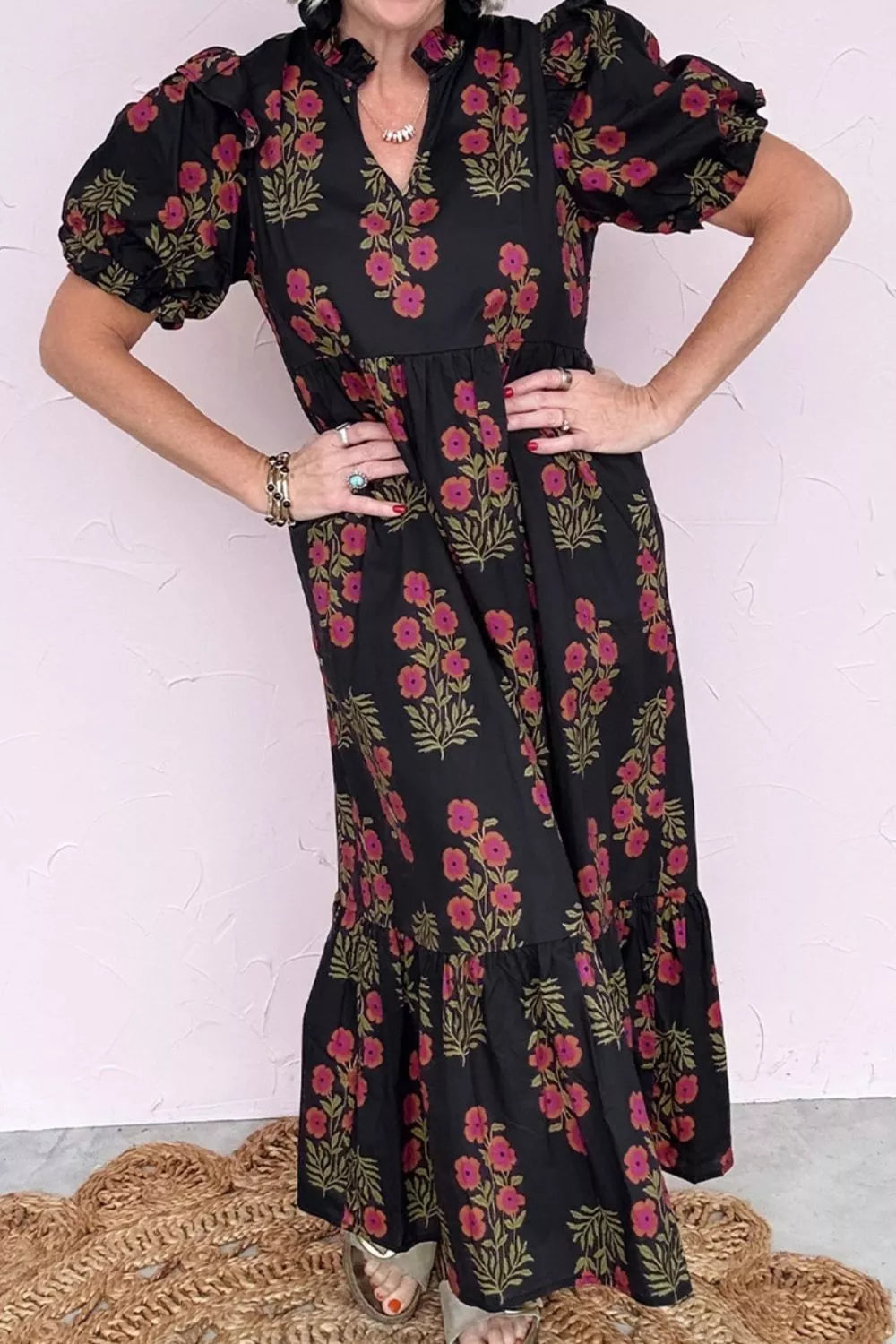 Black floral cotton tiered maxi dress with pockets back view