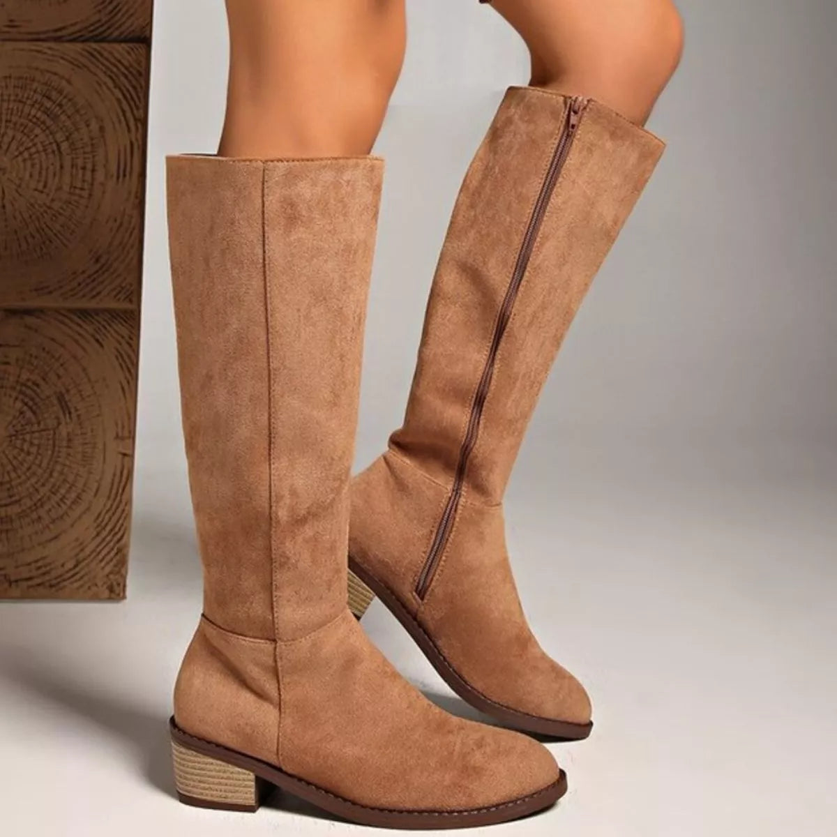 Knee high block heel suede boots side profile