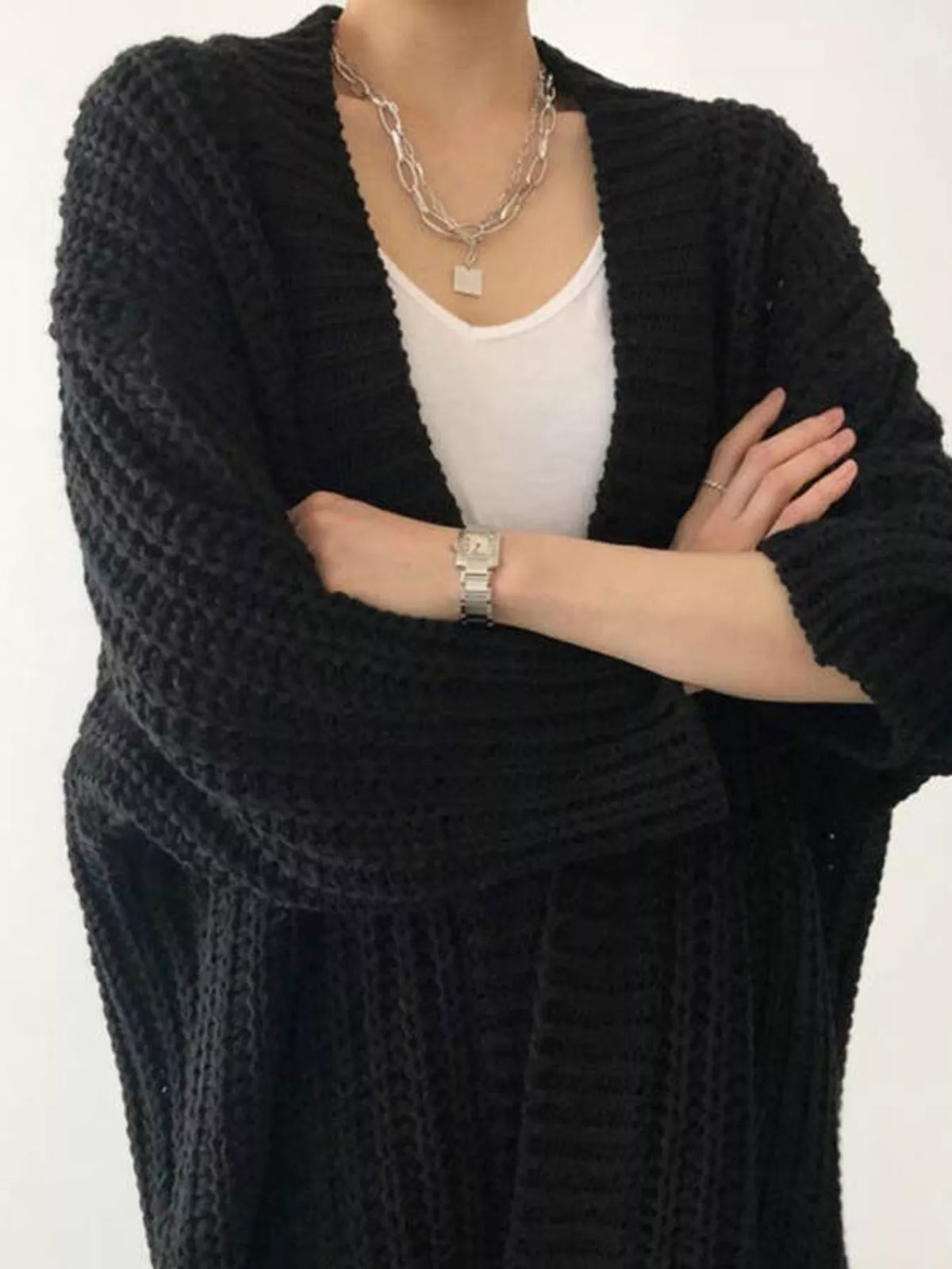 Chunky knit open front cardigan, styled with denim