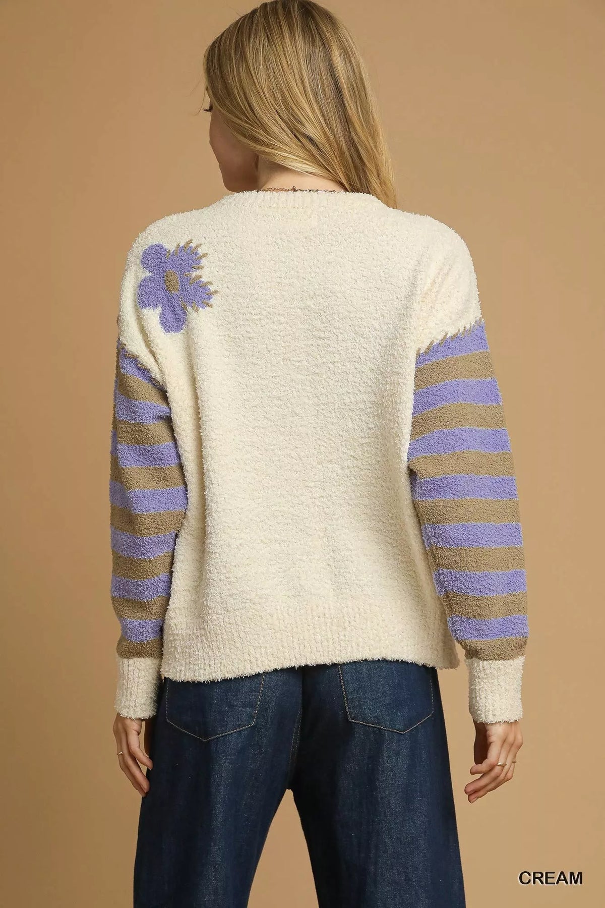 Floral Jacquard Striped Long Sleeve Sweater in Cream detail
