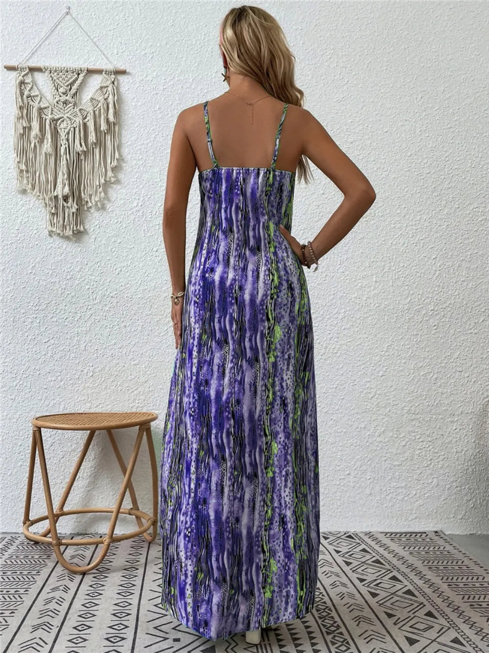 Printed scoop neck maxi cami dress back detail