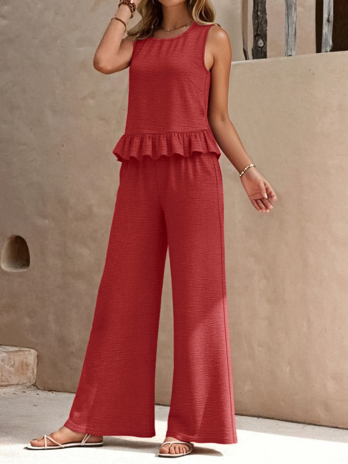 Terracotta tank and pants set styling view