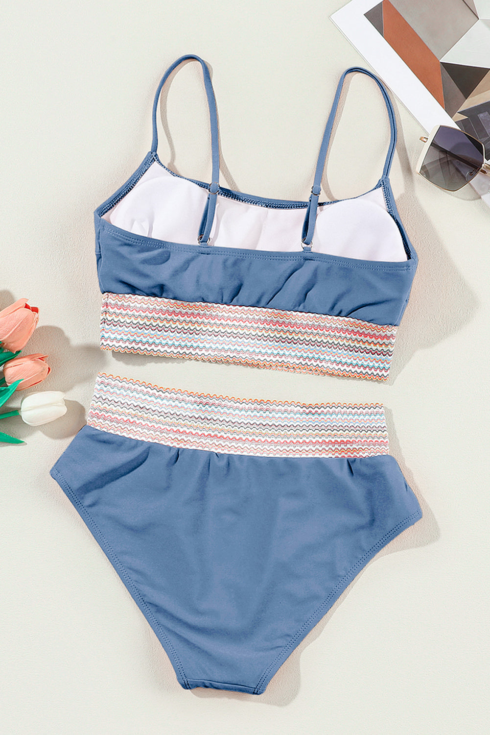 Blue two piece swimsuit styled look