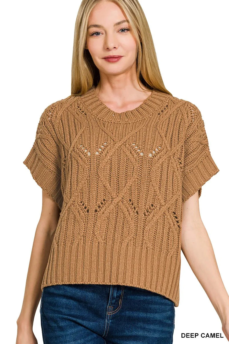 Cable Knit Short Sleeve Sweater in Camel