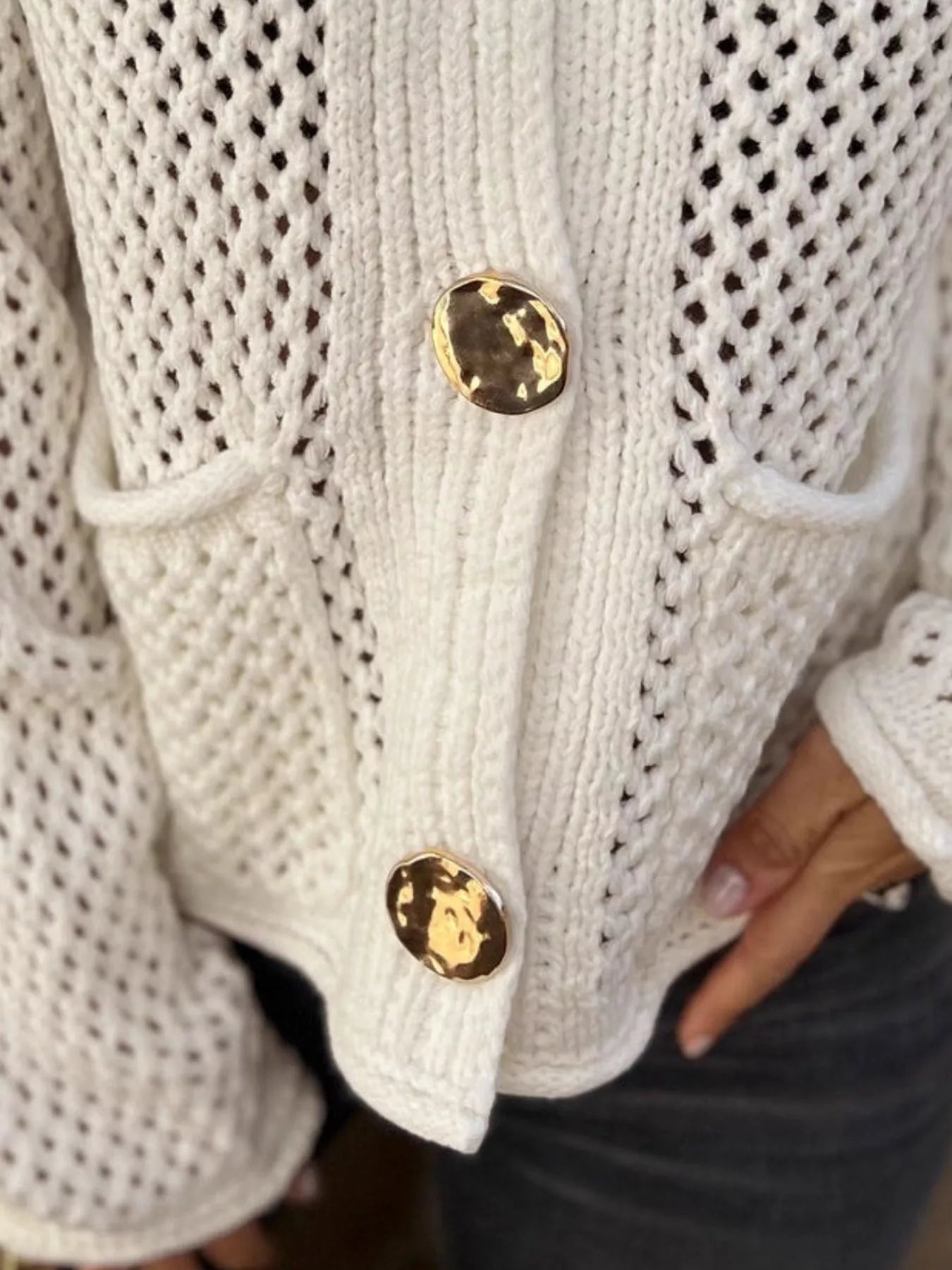 Crochet Button Up Long Sleeve Cardigan - Fashorio