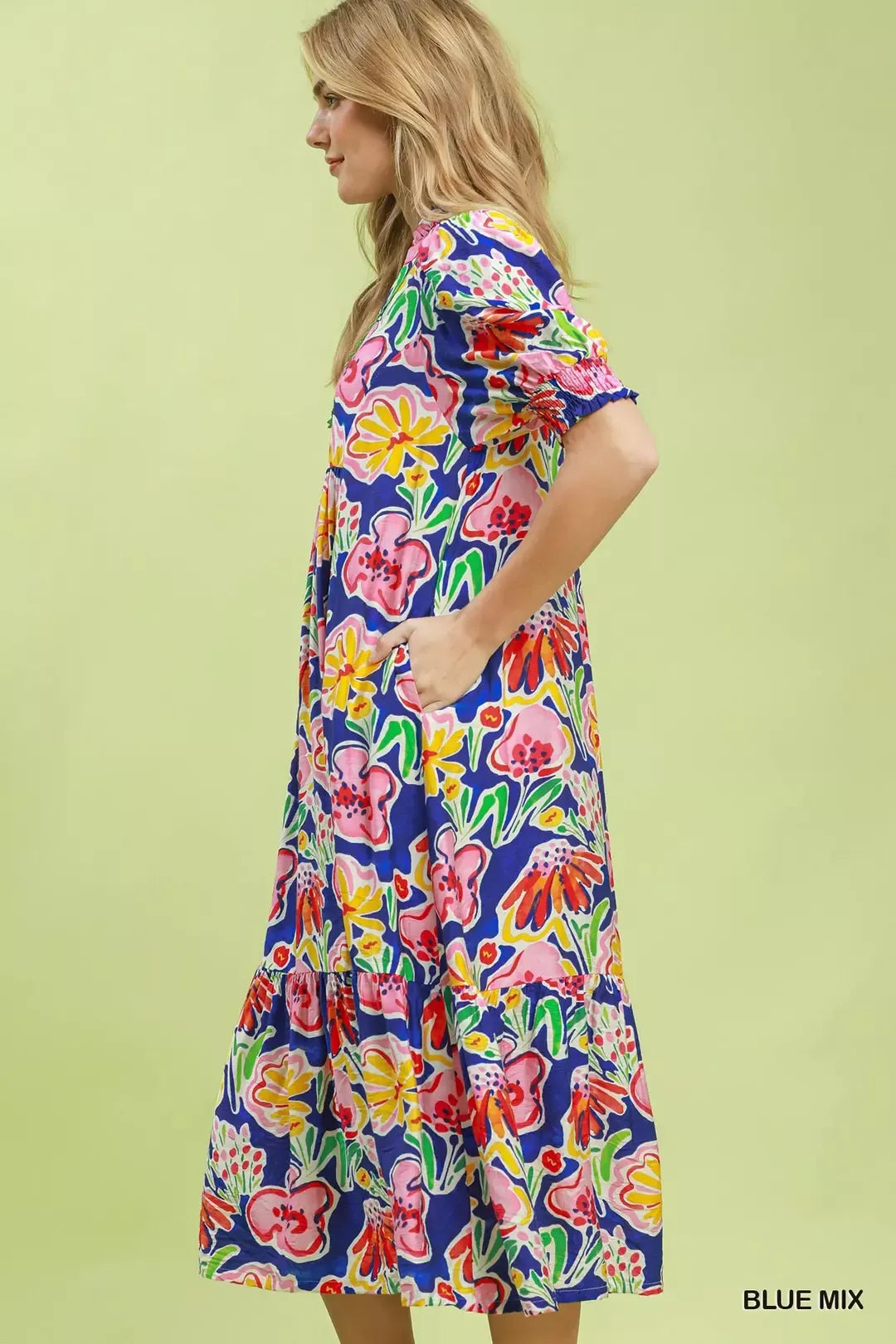 Blue floral puff sleeve tiered midi dress back view