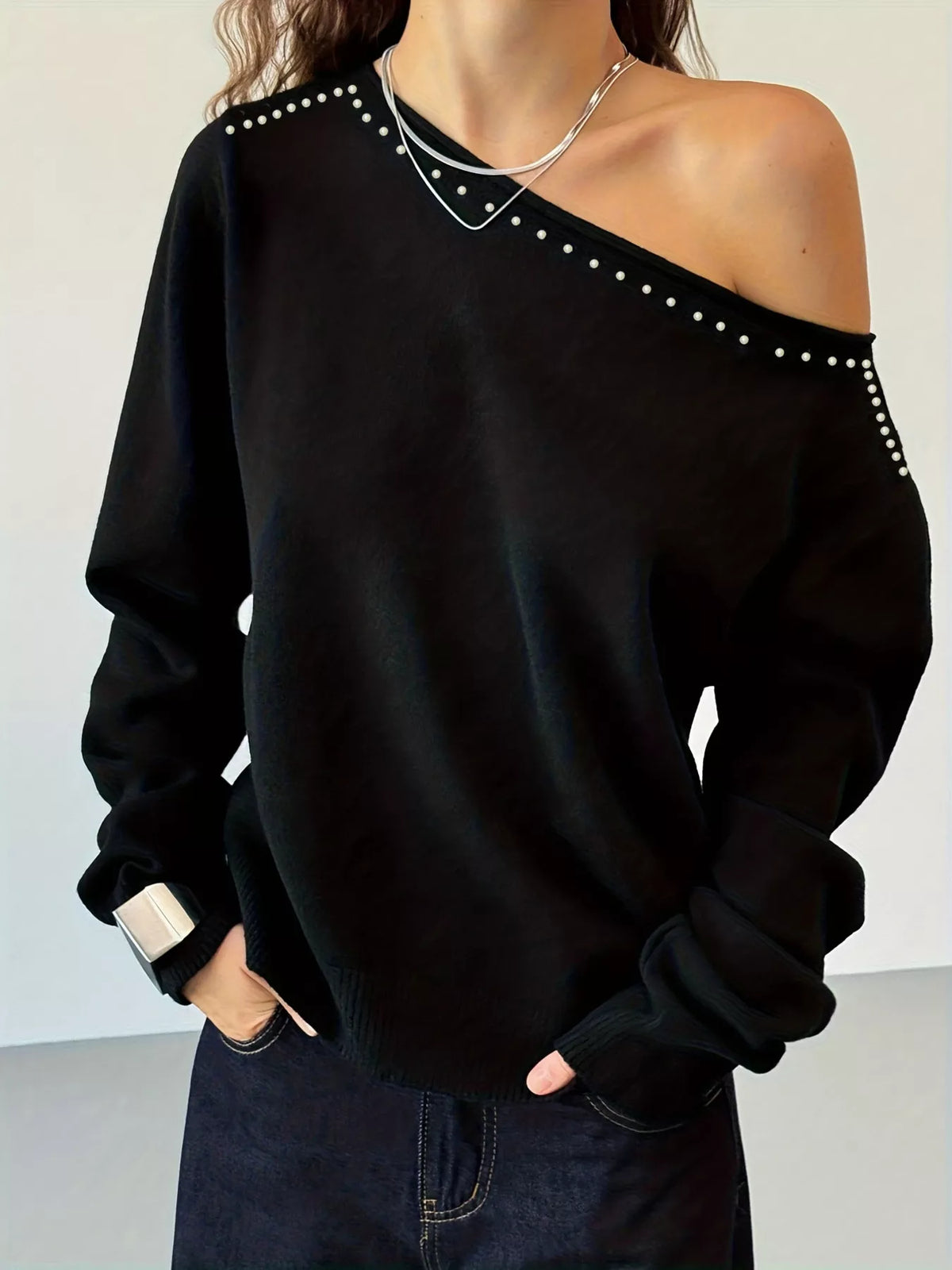 Studded single shoulder knit top front view