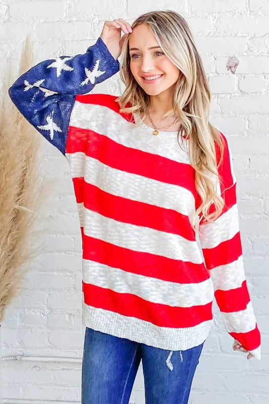 American Flag Long Sleeve Sweater in Red and Navy view 8