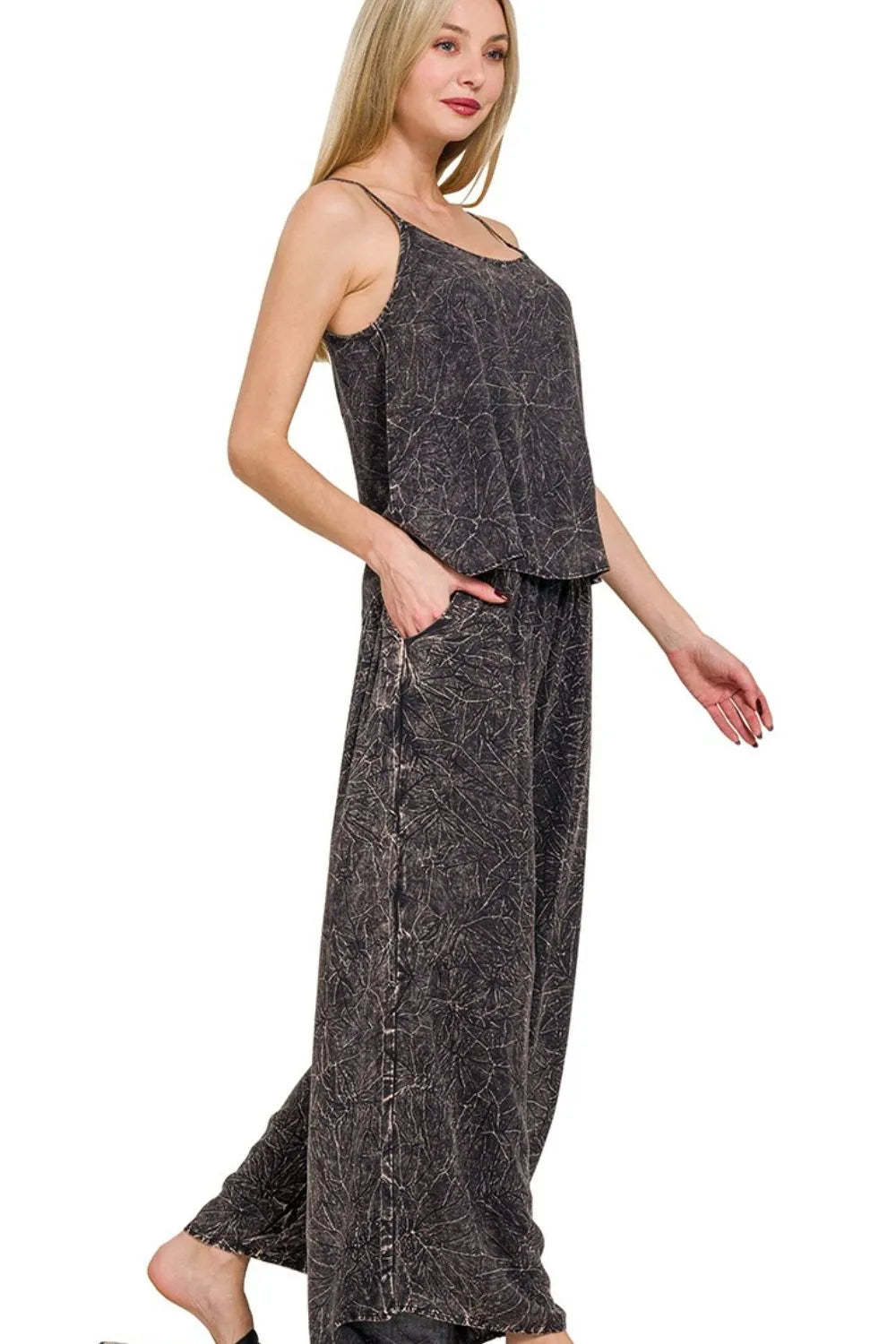 Zenana Woven Acid Crinkle Washed Cami & Pants 2 Piece Set - Fashorio