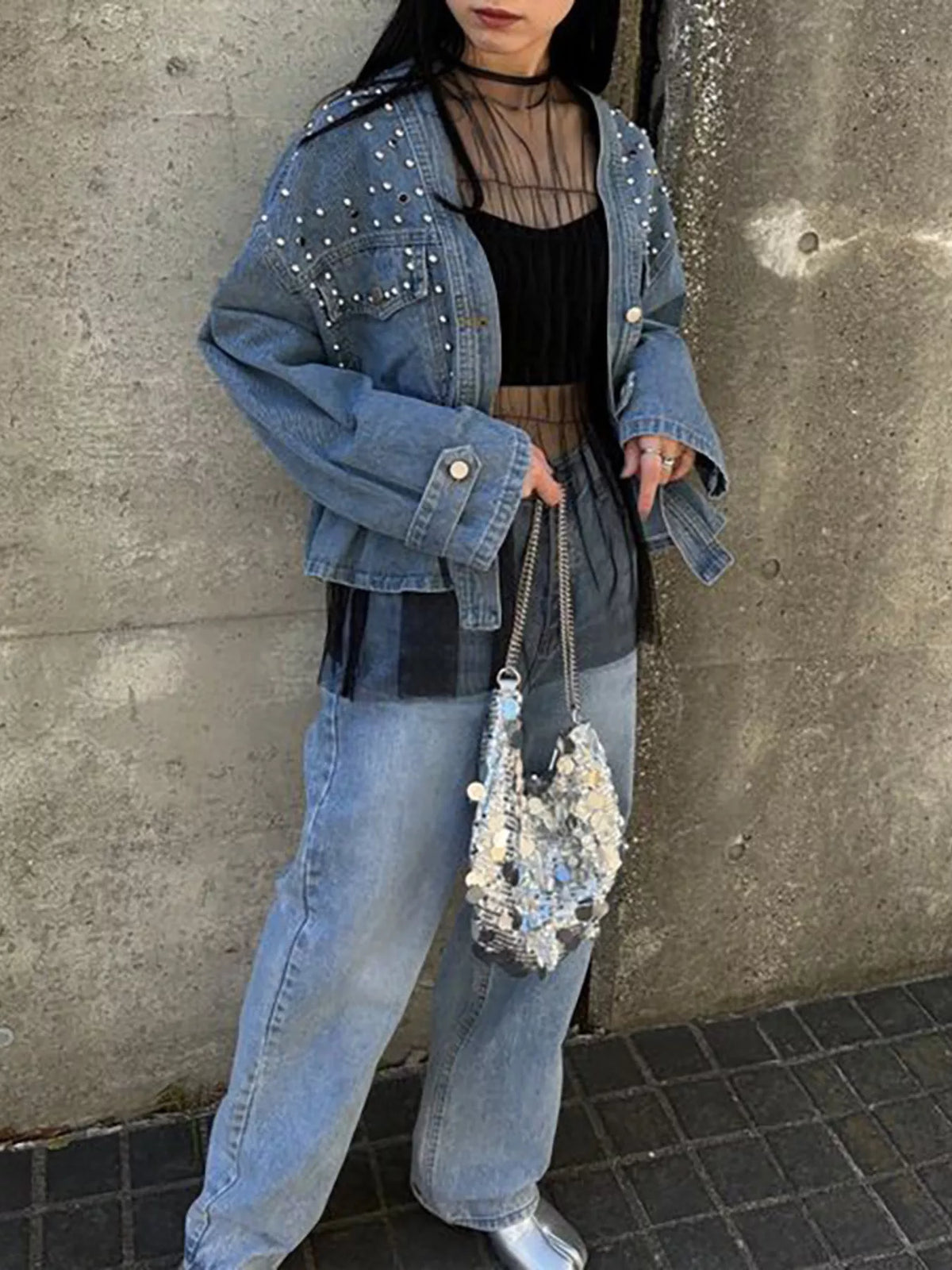 Studded Button Up Denim Jacket in Light Blue detail