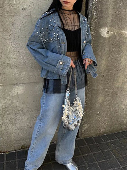 Studded Button Up Denim Jacket - Fashorio
