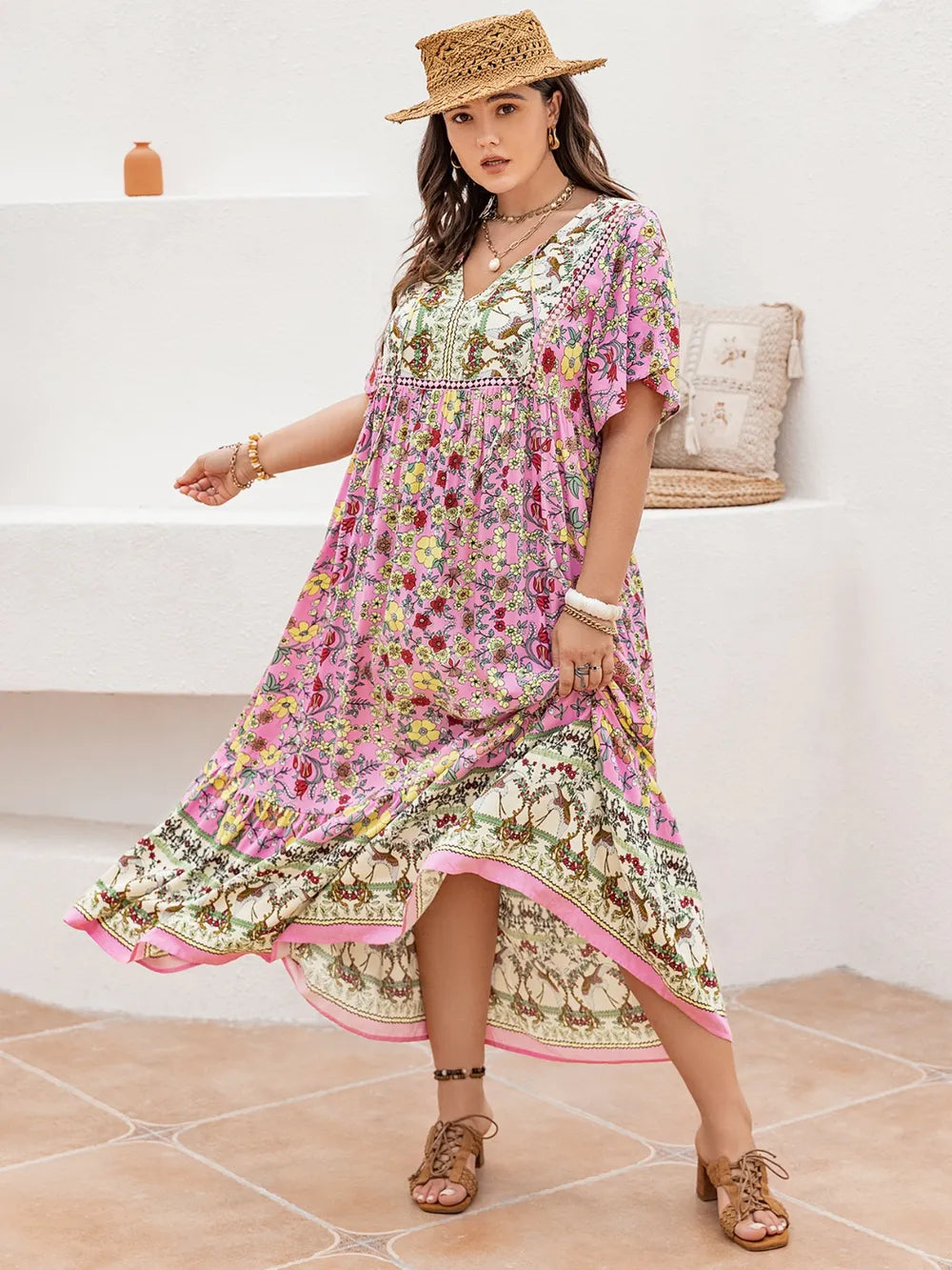 Tie neck detail on floral maxi dress