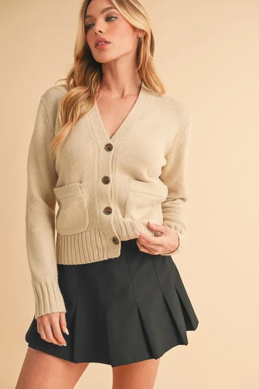 Aemi + Co Ribbed Hem Button Down V-Neck Cardigan - Fashorio