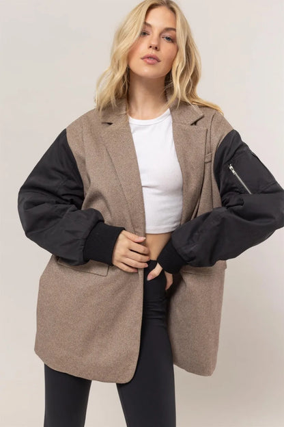 HYFVE Herringbone Mixed Media Contrast Long Sleeve Blazer Brown - Fashorio