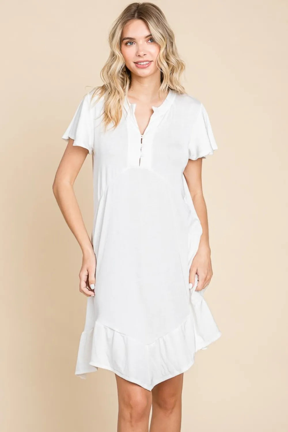 Ruffled Asymmetric Hem Dress in White