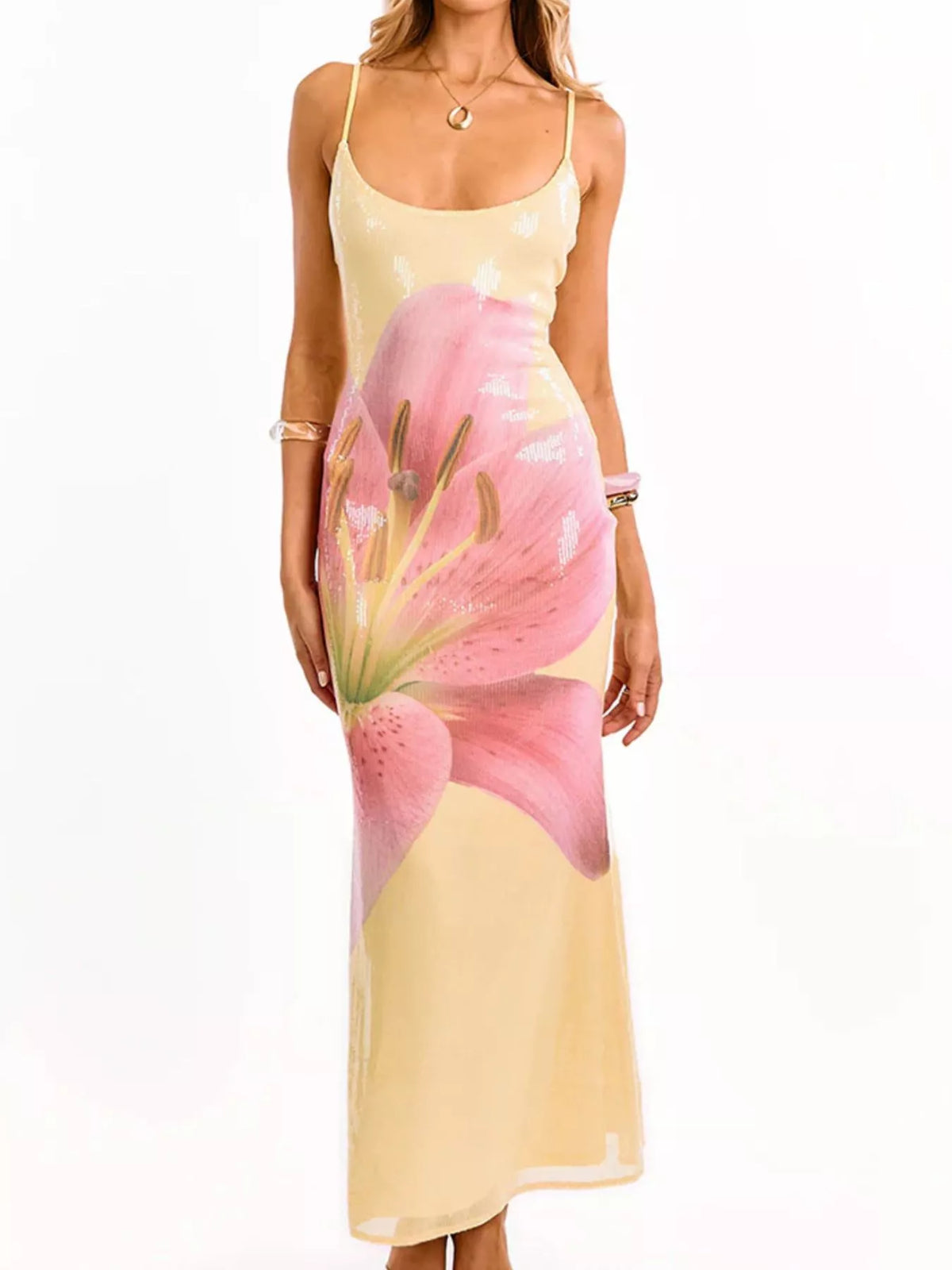 Floral scoop neck cami maxi dress in apricot back view