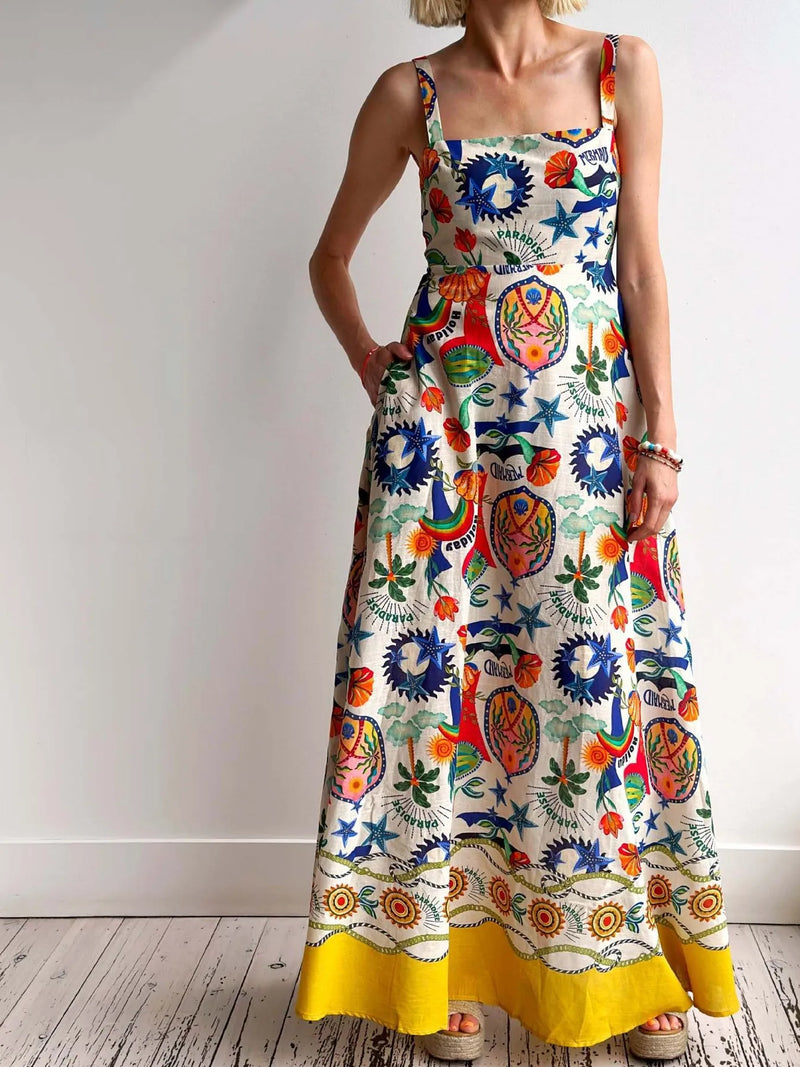 Printed Square Neck Smocked Maxi Dress front view