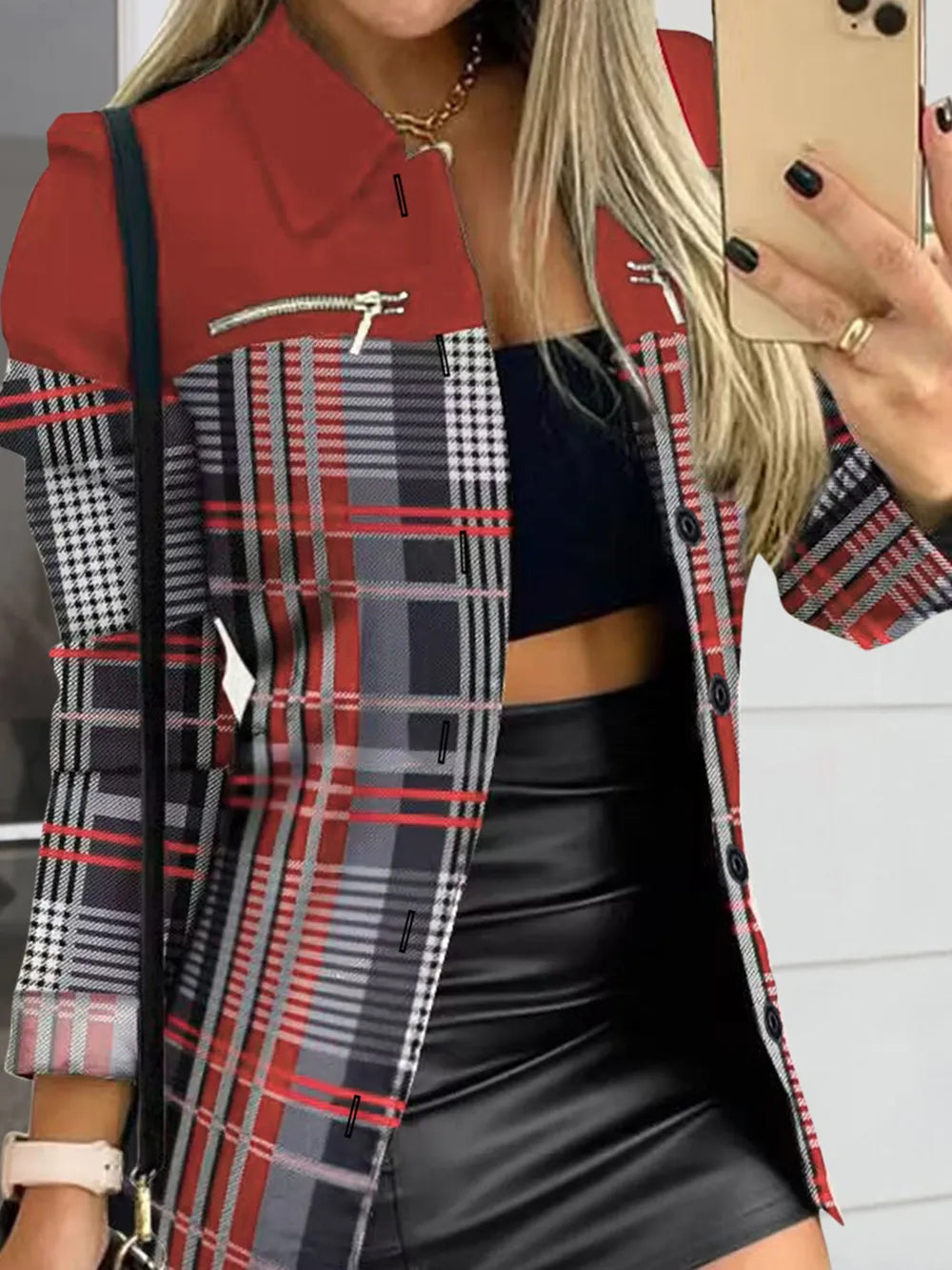 Printed Button Up Zip Detail Shacket - Fashorio