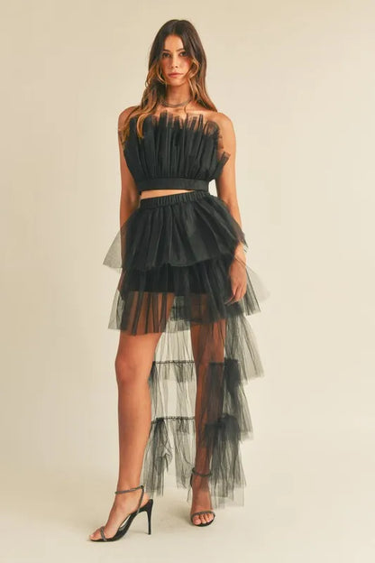 MABLE Tulle Tube Ruffle Crop Top and High Low Maxi Skirt Set Black - Fashorio